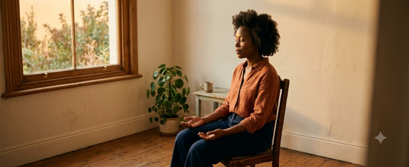 A person sitting in stillness, finally exhaling