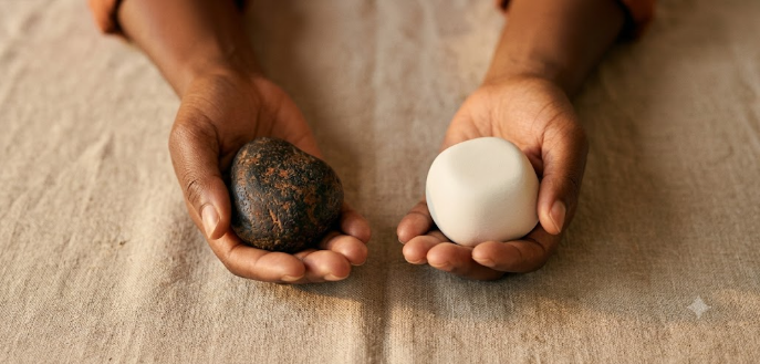 Two hands holding a dark stone and a white stone — roots and new world
