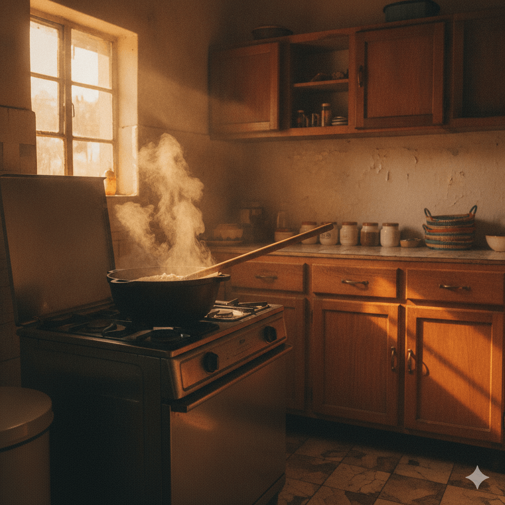 A warm kitchen at golden hour
